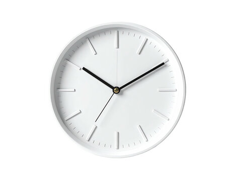 A minimalist white clock with black hands against a black background