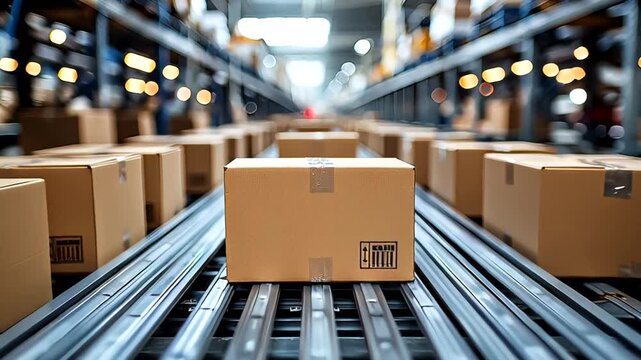 Cardboard boxes move along a conveyor in a warehouse, blurred background with lights
