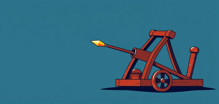 Simple, bold vector icon depicting a medieval catapult launching a projectile, defense, catapult