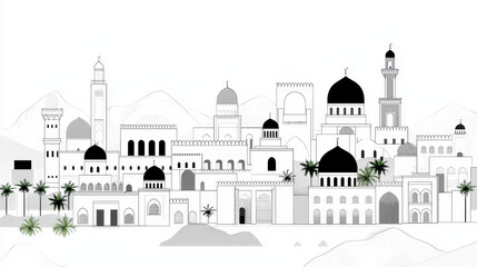 Fototapeta premium Minimalist illustration of city skyline featuring various architectural styles, domes, and palm trees, creating serene atmosphere