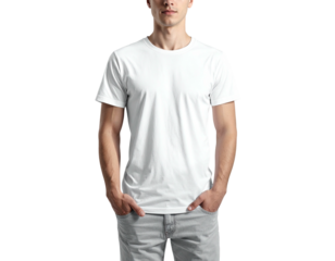 Person in a white tee and light gray pants, hands in pockets, on black bg