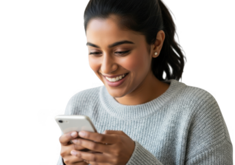 Smiling woman looking at her phone isolated on transparent background