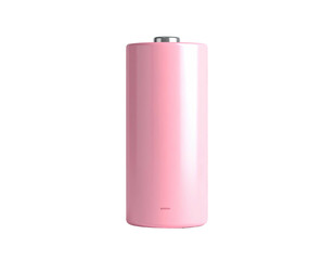 A glossy, pastel pink cylindrical battery against a stark black background
