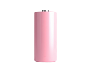 A glossy, pastel pink cylindrical battery against a stark black background