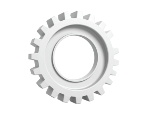 A simple, white, gear with sharp teeth, floating against a black background