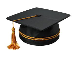A black graduation cap with a golden tassel and trim, against a dark background