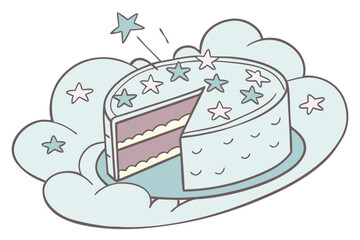 Slice of cake with stars on a cloud