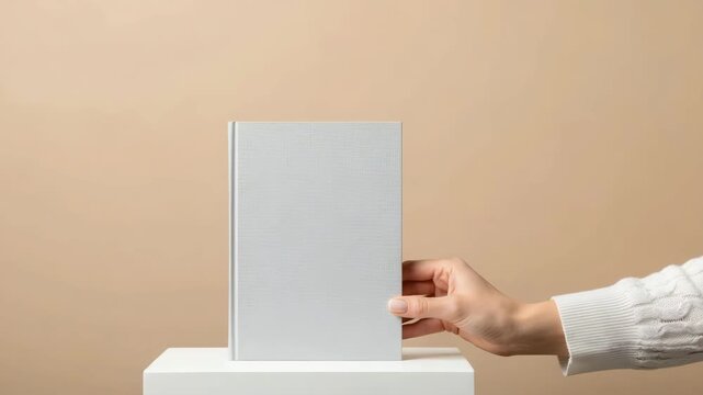 A hand places a closed book with a blank cover on a white pedestal against a beige background, creating a minimalist and elegant presentation ai generated vedio