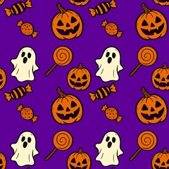 Seamless pattern of Halloween pumpkins, candies and ghost