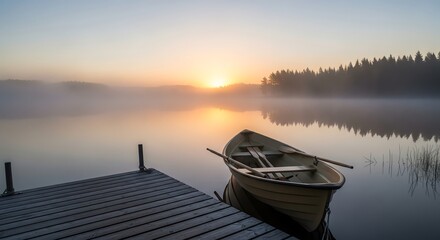 Fototapeta premium A serene sunrise over a misty lake in sweden, with a small wooden boat moored at a weathered dock, reflecting the golden light on the calm water