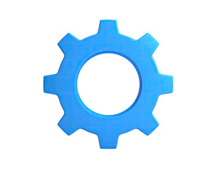 A single, bright blue gear, depicted isolated on a solid black background
