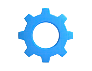 A single, bright blue gear, depicted isolated on a solid black background