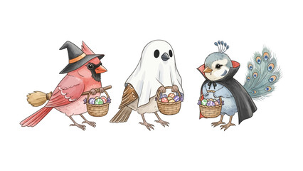 Halloween Birds: A trio of charming bird characters, adorned in whimsical Halloween costumes, carry baskets of treats, inviting a sense of joy and playful celebration. 