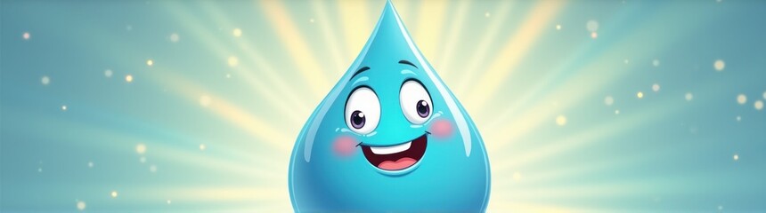 Cartoon water drop character with a happy face and a sunburst background