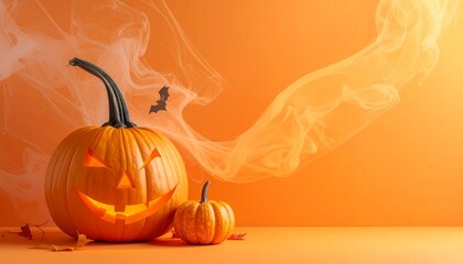 Two pumpkins on orange surface with bat silhouette, autumn leaves, and swirling mist in Halloween scene.