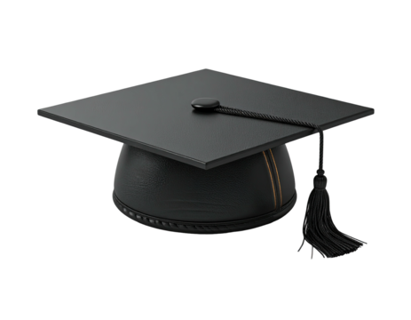 A classic black academic hat with a tassel isolated on a black background