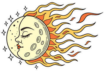 Sun and moon face with flames and stars