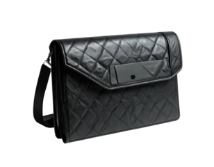Quilted black leather messenger bag with strap and rectangular closure