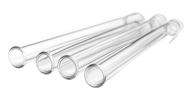 Four clear glass stirring rods isolated on transparent background for chemistry