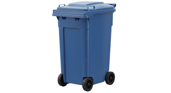 Blue outdoor trash bin with wheels isolated on white background, waste container for waste management and recycling - Powered by Adobe