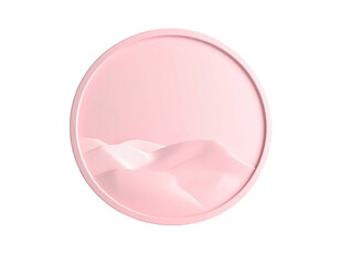 A minimalist, circular relief sculpture of mountains in soft, pink tones