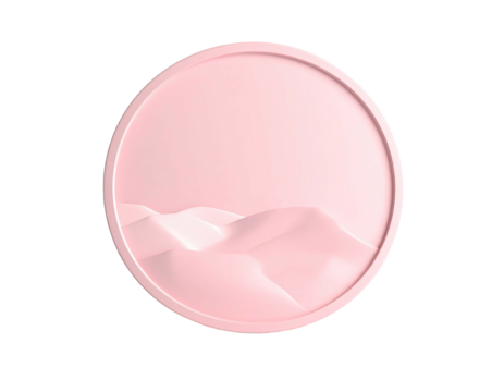 A minimalist, circular relief sculpture of mountains in soft, pink tones - Powered by Adobe