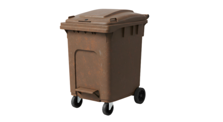 Brown wheeled garbage bin isolated on white background, waste container for outdoor use and trash collection