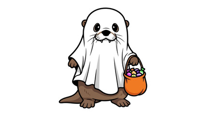 Halloween Otter: An adorable otter dressed as a friendly ghost, gleefully holding a trick-or-treat basket brimming with colorful candies, perfect for spooky celebrations and autumn festivities.