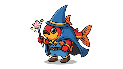 Whimsical Wizard Fish: A charming illustration of a fish, adorned in a wizard's attire, casting spells with a star-tipped wand, bringing a touch of magic to the scene.
