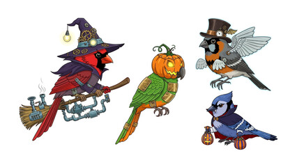 Whimsical Halloween Birds: A captivating illustration portrays a quartet of Halloween-themed birds in a magical illustration of Halloween spirit.