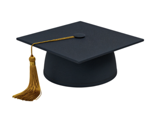 A dark blue square academic cap with gold tassel and button detail