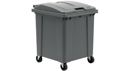 Gray wheeled commercial trash bin isolated on white background for waste management and garbage collection