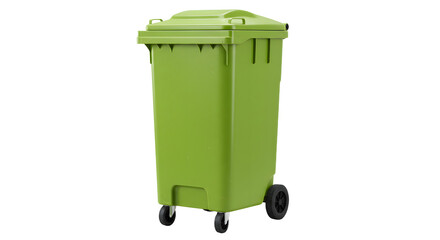 Green outdoor wheeled garbage bin isolated on white background, perfect for waste management and recycling