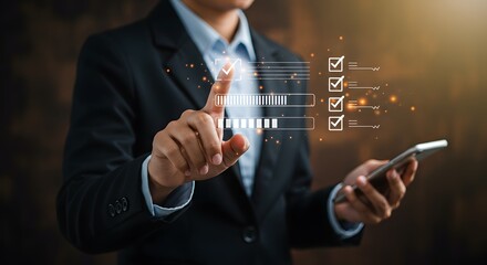 Business Man Interacting with Digital Checklist and Progress Bar