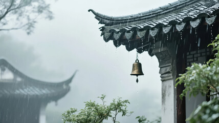 Minor Heat solar term ancient temple eaves wind chime rainy day Zen architecture background