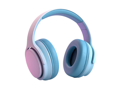 A 3D rendering of pastel blue and pink headphones isolated on black