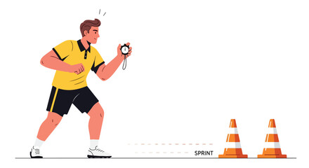 Athletic trainer using stopwatch during sprint practice session with cones illustration fitness activity timing athletic training coach supervising