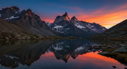 Wanddecoratie Reflectie Majestic mountain range reflected in tranquil lake at sunset with vibrant colors and dramatic sky  © binar