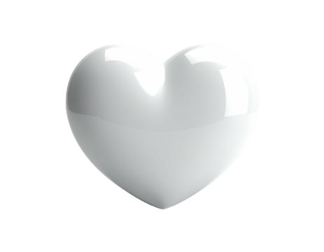 A glossy, white heart with shading and highlights against a black background