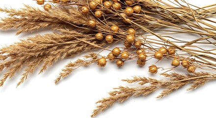 Dried Flax Seed Pods and Pampas Grass Stems on White Background