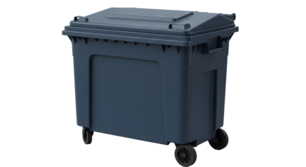 Large dark blue plastic garbage bin with wheels isolated on white background, waste container for outdoor use