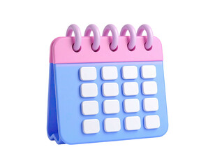 3D render of a pastel pink, blue, and white desktop calendar with coiled binding