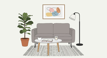 Fototapeta premium Minimalist Living Room Interior Illustration. Cozy Home Decor with Sofa, Plant, Coffee Table, and Abstract Art.