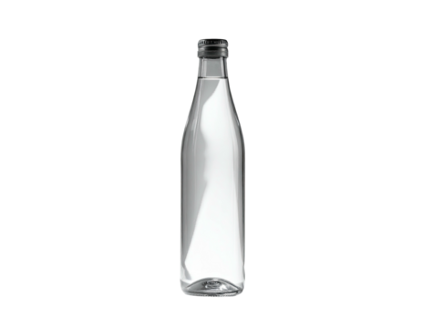 A transparent glass bottle filled with water, black cap, on a stark black background