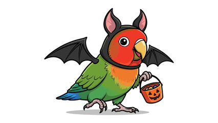 Halloween Parrot: A colorful parrot dressed in a bat costume, complete with a hood and wings, joyfully holds a jack-o'-lantern bucket, perfect for trick-or-treating on a festive Halloween night.