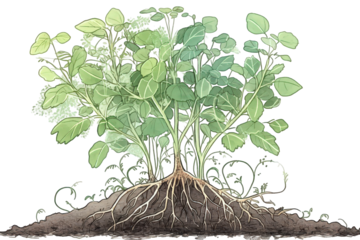 Illustration of a Bushy Green Plant with Detailed Root System on Dark Soil Against a Transparent Background Detailed Botanical Illustration Natural Science Diagram Plant Anatomy Educationally Focused