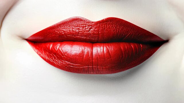 Seductive macro of glossy crimson lips against a clean white backdrop, subtle skin texture and luxurious sheen creating high-end beauty vibes; flawless studio close-up for makeup ads