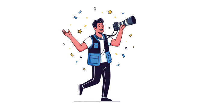 Illustrative photographer celebrating a victory with a camera and confetti surrounding him amid a joyful celebration