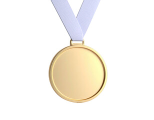 A shiny gold circular medal with a light blue ribbon, isolated on black