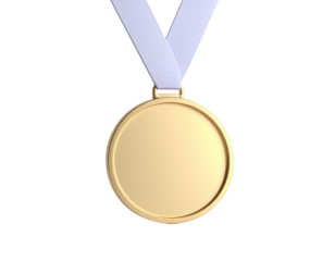 A shiny gold circular medal with a light blue ribbon, isolated on black